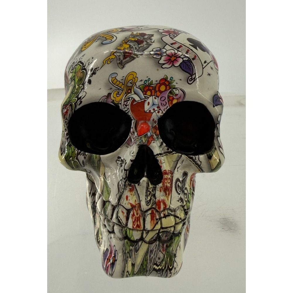 VTG Tattoo Skull Figurine Gothic Day of the Dead Decor Ceramic 4" Statue